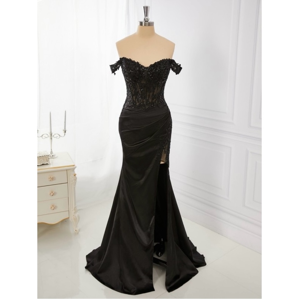 Satin Off-the-Shoulder Lace Sweep Train Corset Dress